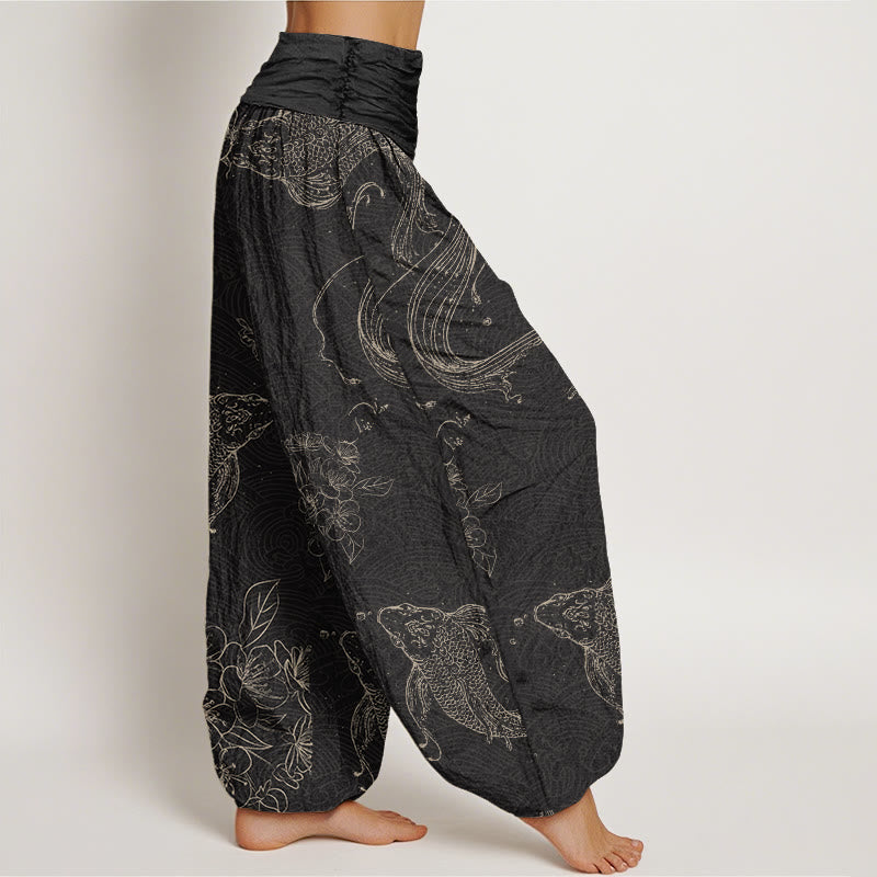 Buddha Stones Koi Fish Floral Pattern Women's Elastic Waist Harem Pants - image 1