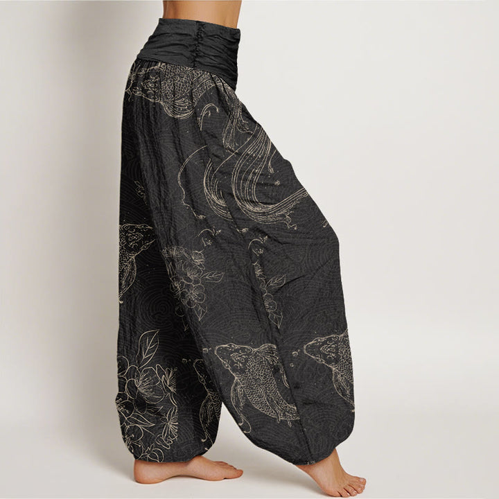 Buddha Stones Koi Fish Floral Pattern Women's Elastic Waist Harem Pants - image 1