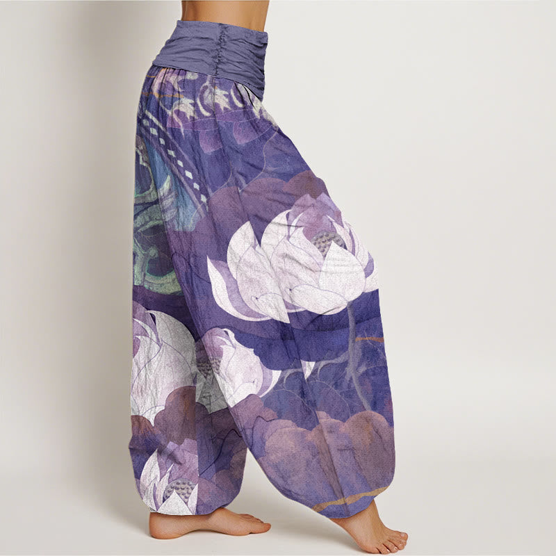 Buddha Stones White Lotus Leaves Pattern Casual Women's Elastic Waist Harem Pants - image 8