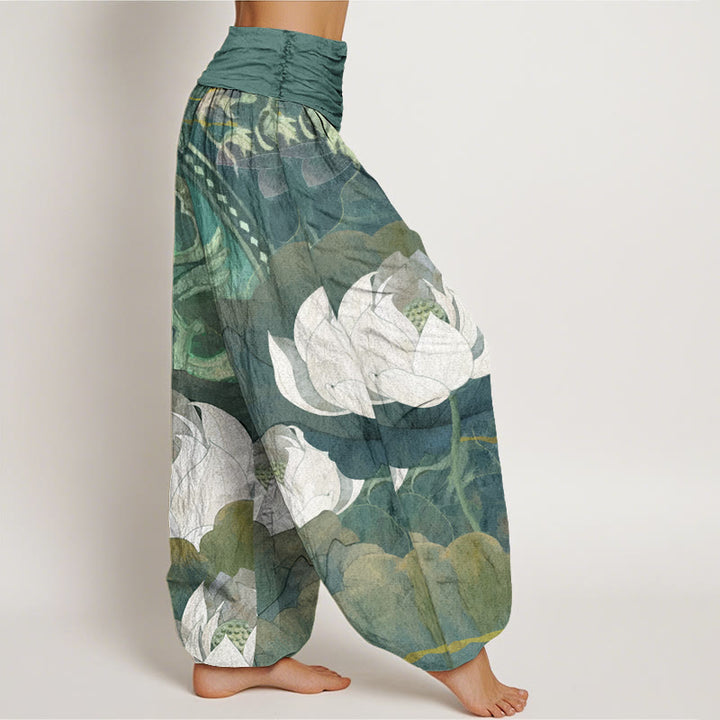 Buddha Stones White Lotus Leaves Pattern Casual Women's Elastic Waist Harem Pants - image 2