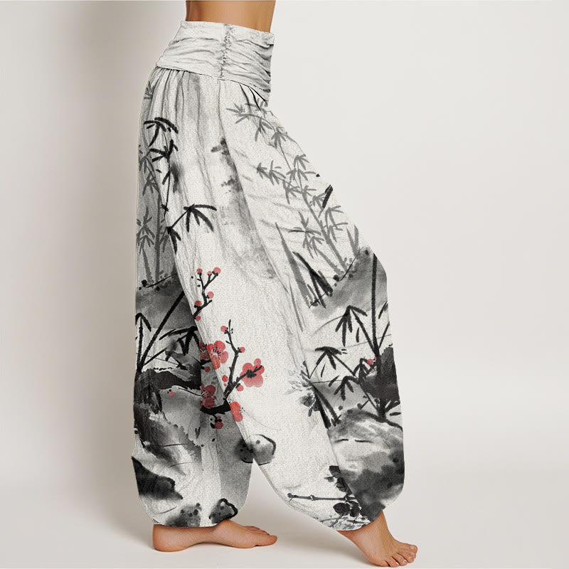 Buddha Stones Plum Blossoms Bamboo Orchids Chrysanthemums Pattern Women's Elastic Waist Harem Pants - image 1