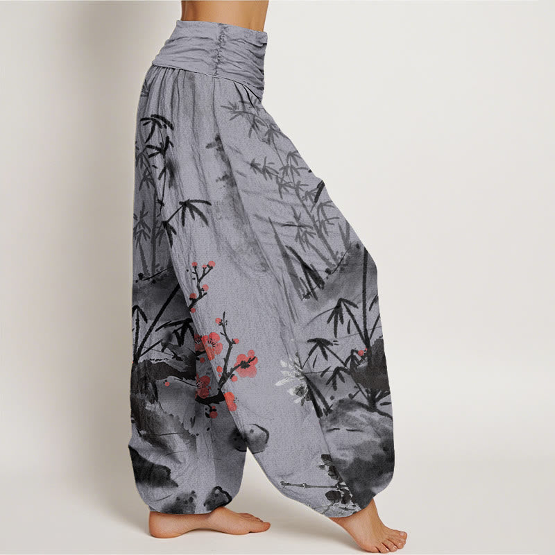 Buddha Stones Plum Blossoms Bamboo Orchids Chrysanthemums Pattern Women's Elastic Waist Harem Pants - image 8