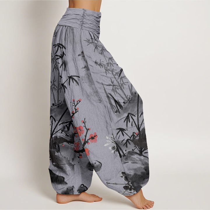 Buddha Stones Plum Blossoms Bamboo Orchids Chrysanthemums Pattern Women's Elastic Waist Harem Pants - image 8