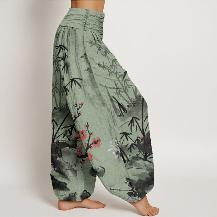 Buddha Stones Plum Blossoms Bamboo Orchids Chrysanthemums Pattern Women's Elastic Waist Harem Pants - image 5