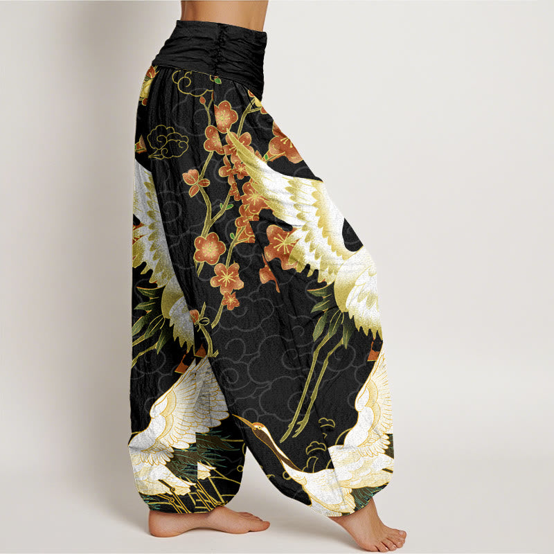 Buddha Stones Cranes Flowers Auspicious Clouds pattern Women's Elastic Waist Harem Pants - image 1