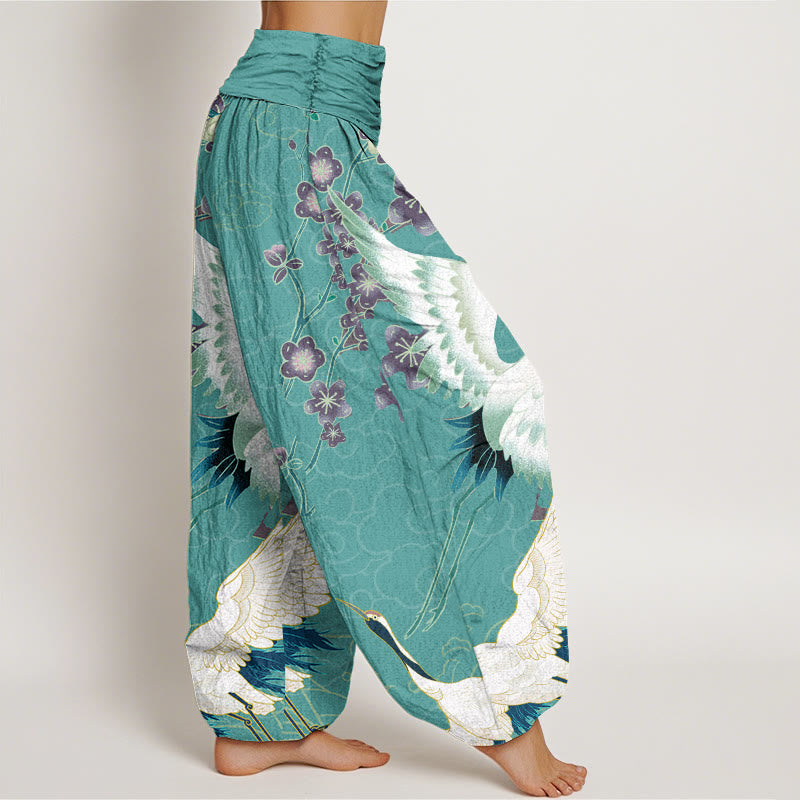 Buddha Stones Cranes Flowers Auspicious Clouds pattern Women's Elastic Waist Harem Pants - image 8