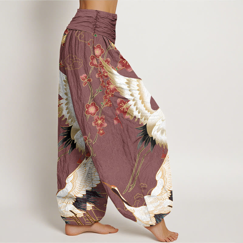 Buddha Stones Cranes Flowers Auspicious Clouds pattern Women's Elastic Waist Harem Pants - image 5