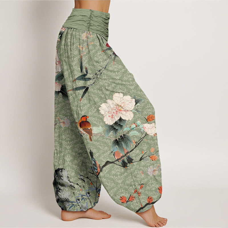 Buddha Stones Warbler Bird Blooming Flower Branches Mandala Pattern Women's Elastic Waist Harem Pants - image 1