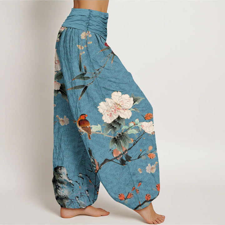 Buddha Stones Warbler Bird Blooming Flower Branches Mandala Pattern Women's Elastic Waist Harem Pants - image 5