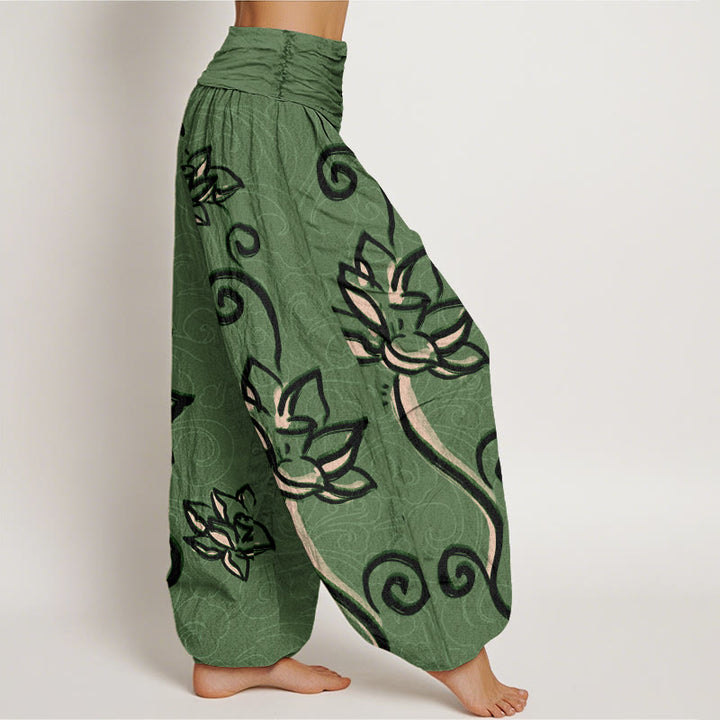 Buddha Stones Casual Lotus Auspicious Clouds Design Women's Elastic Waist Harem Pants - image 2