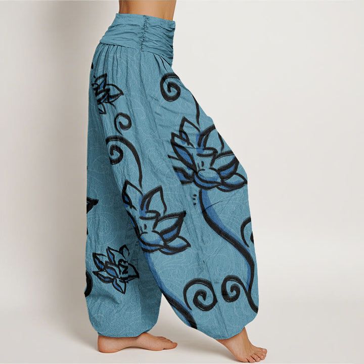 Buddha Stones Casual Lotus Auspicious Clouds Design Women's Elastic Waist Harem Pants - image 6
