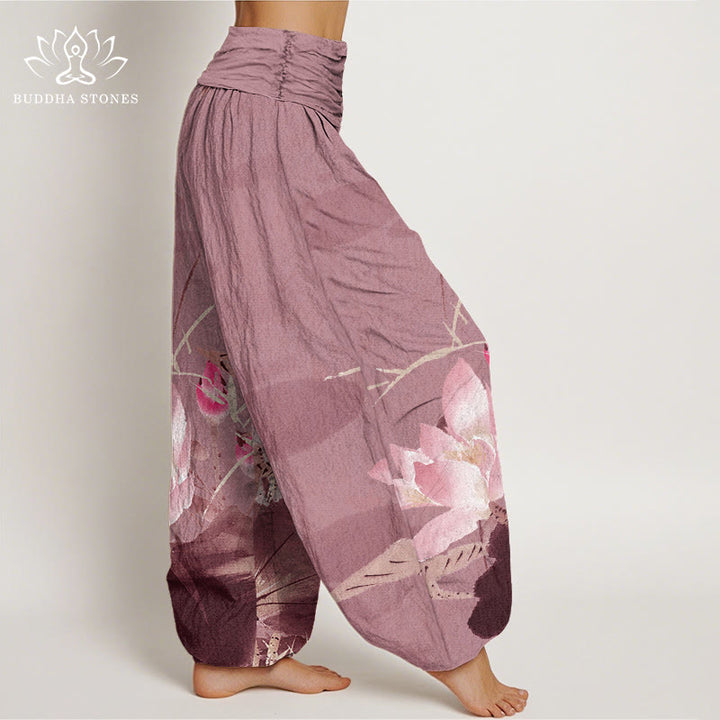 Buddha Stones Cotton Pink Lotus Leaves Bird Pattern Women's Elastic Waist Harem Pants - image 8