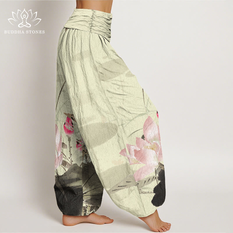 Buddha Stones Pink Lotus Leaves Bird Pattern Women's Elastic Waist Harem Pants - image 1