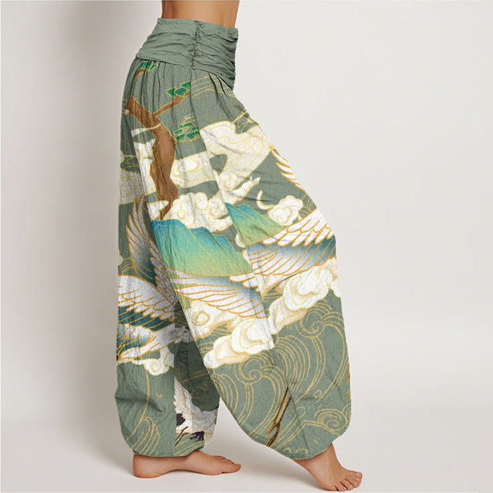 Buddha Stones Flying Cranes Auspicious Clouds Tree women's Elastic Waist Harem Pants - image 5