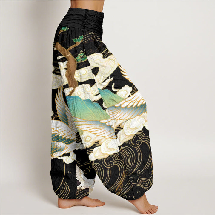 Buddha Stones Flying Cranes Auspicious Clouds Tree women's Elastic Waist Harem Pants - image 1
