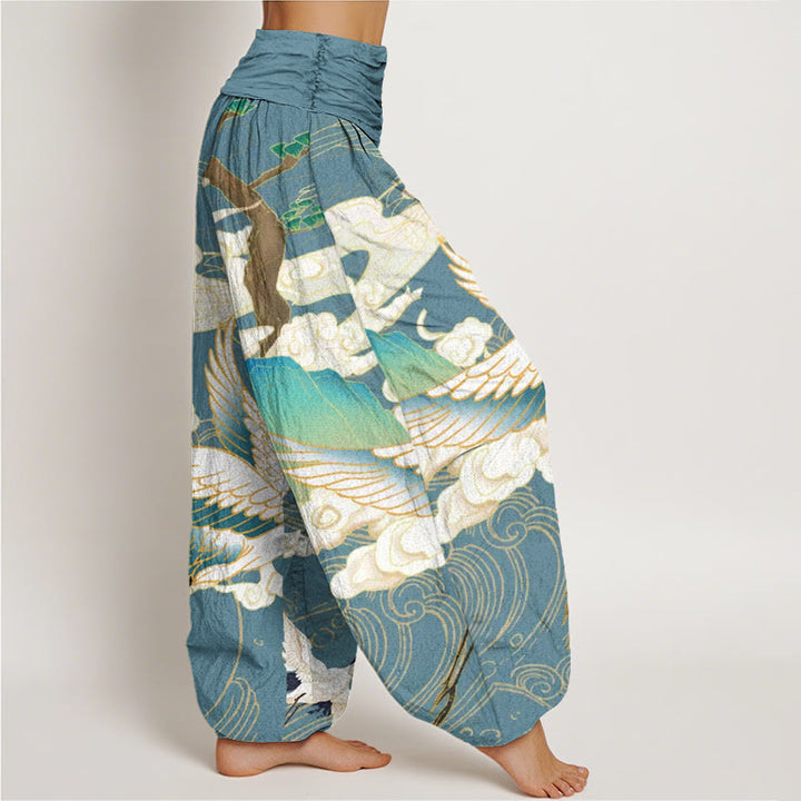 Buddha Stones Flying Cranes Auspicious Clouds Tree women's Elastic Waist Harem Pants - image 8