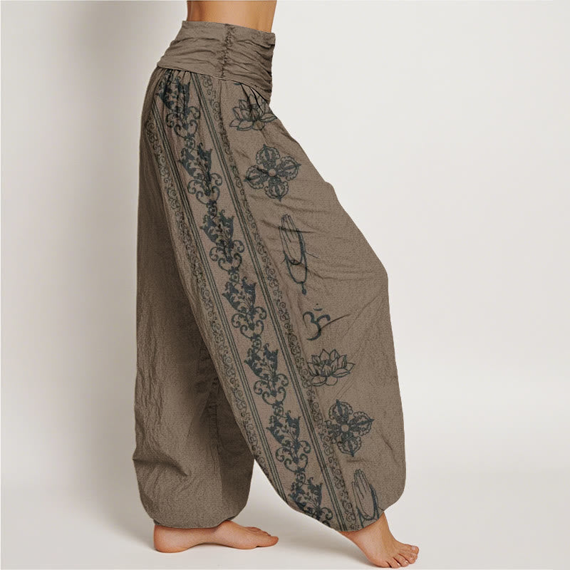 Buddha Stones Cotton Lotus Flowers Double Dorje Vajra Namaste Om Design Women's Elastic Waist Harem Pants - image 9