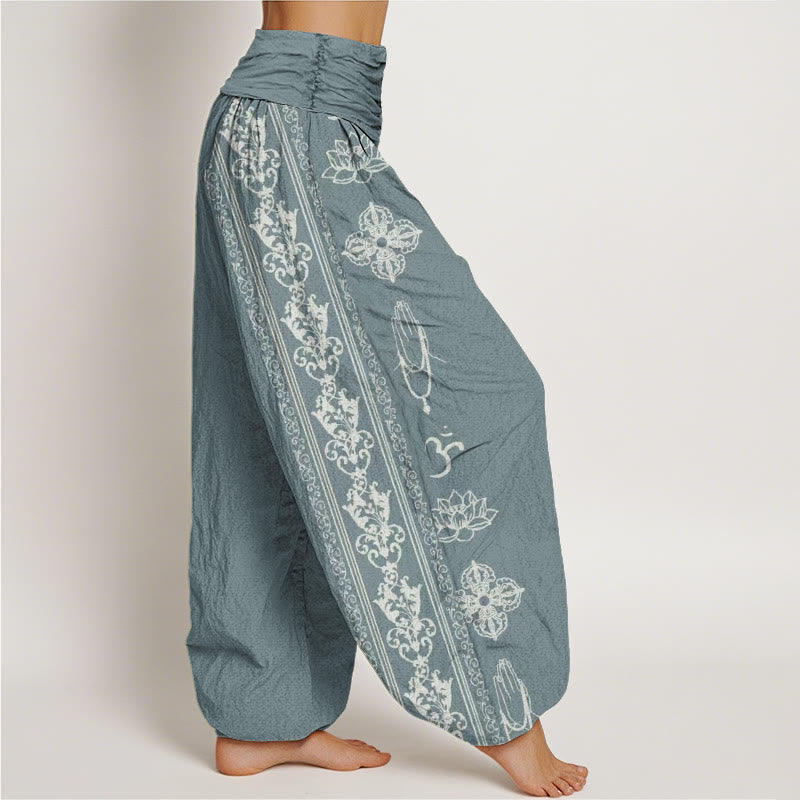Buddha Stones Lotus Flowers Double Dorje Vajra Namaste Om Design Women's Elastic Waist Harem Pants - image 6