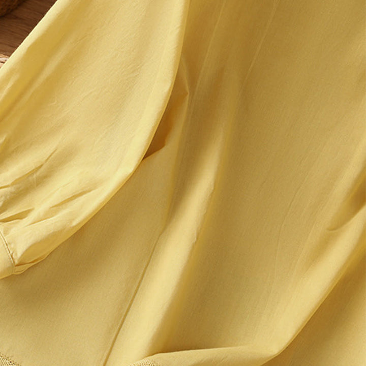 Buddha Stones Plain Lace Hem Single Breasted Button Cotton Linen Three Quarter Sleeve Women's Crew Neck Shirt - image 8