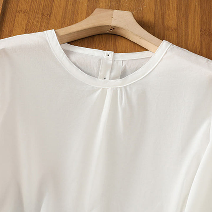 Buddha Stones Plain Lace Hem Single Breasted Button Cotton Linen Three Quarter Sleeve Women's Crew Neck Shirt - image 11