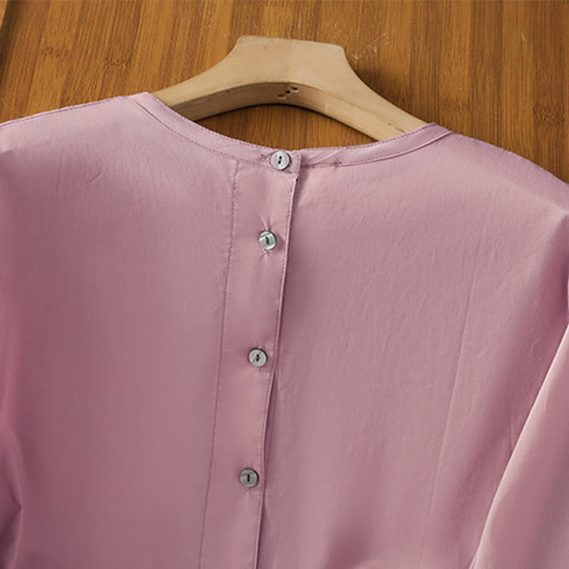 Buddha Stones Plain Lace Hem Single Breasted Button Cotton Linen Three Quarter Sleeve Women's Crew Neck Shirt - image 21