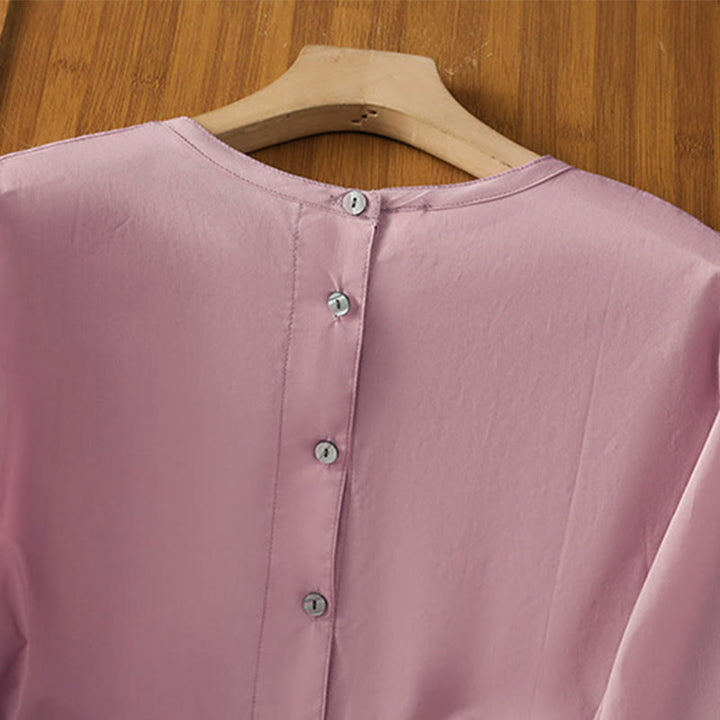 Buddha Stones Plain Lace Hem Single Breasted Button Cotton Linen Three Quarter Sleeve Women's Crew Neck Shirt - image 21