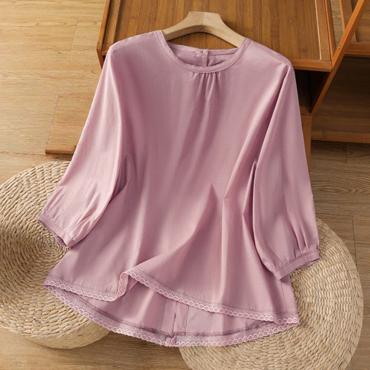 Buddha Stones Plain Lace Hem Single Breasted Button Cotton Linen Three Quarter Sleeve Women's Crew Neck Shirt - Plum - US14，UK/AU18，EU46 (2XL) - image 18