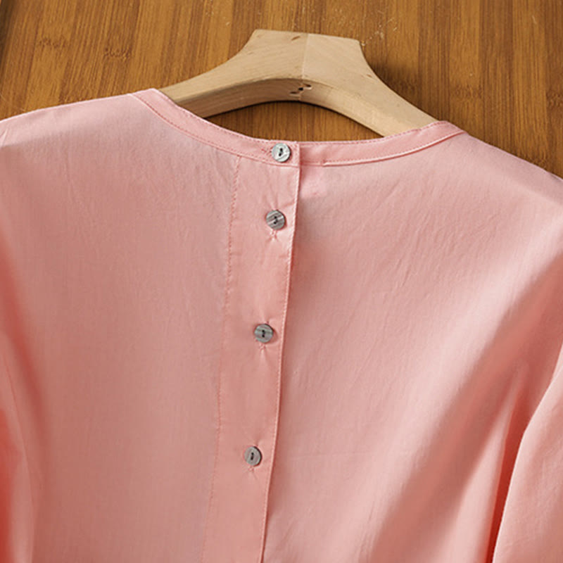 Buddha Stones Plain Lace Hem Single Breasted Button Cotton Linen Three Quarter Sleeve Women's Crew Neck Shirt - image 32