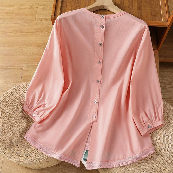 Buddha Stones Plain Lace Hem Single Breasted Button Cotton Linen Three Quarter Sleeve Women's Crew Neck Shirt - image 27