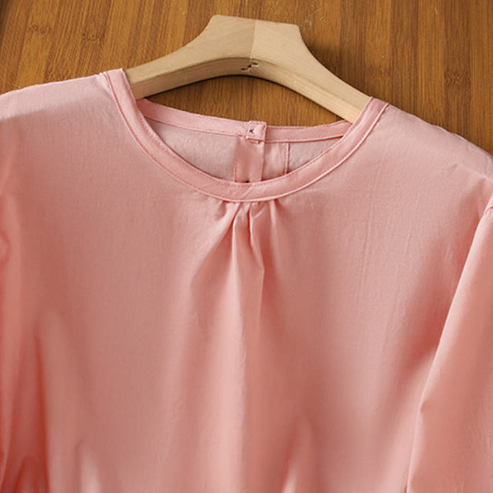 Buddha Stones Plain Lace Hem Single Breasted Button Cotton Linen Three Quarter Sleeve Women's Crew Neck Shirt - image 28