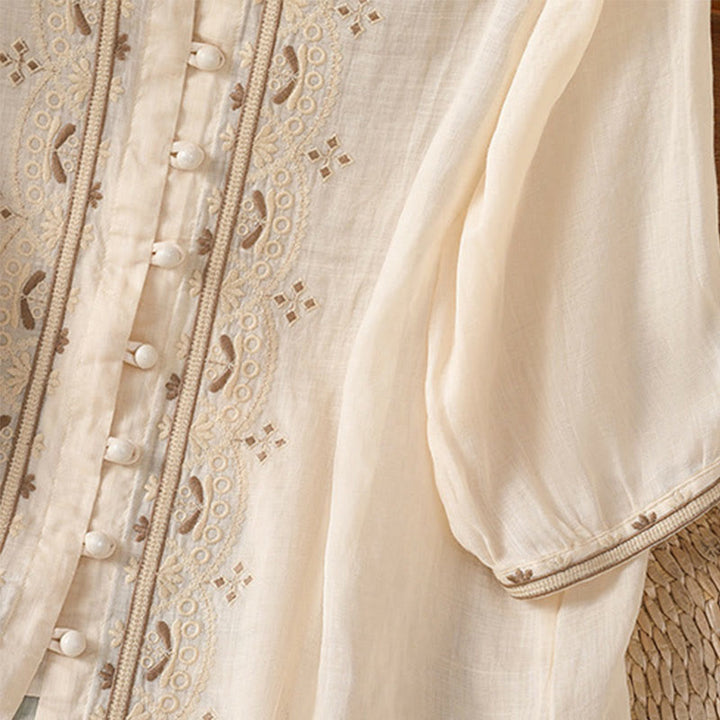 Buddha Stones Casual Embroidery Frog-Button Polyester Half Sleeve Women's V-neck Shirt - image 3