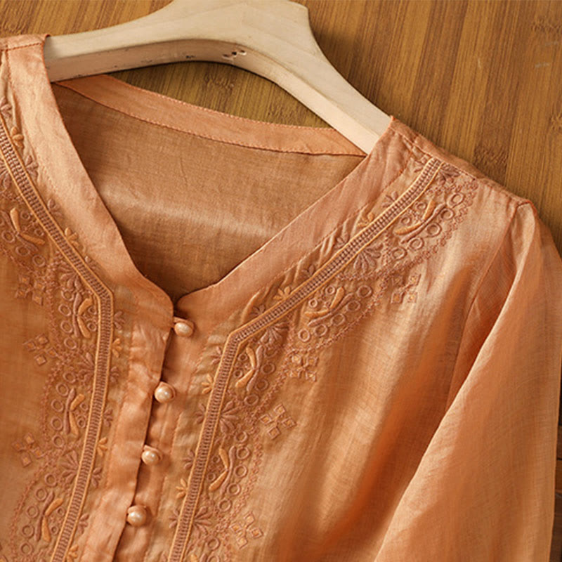 Buddha Stones Casual Embroidery Frog-Button Polyester Half Sleeve Women's V-neck Shirt - image 20