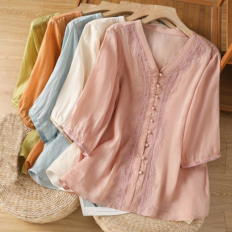 Buddha Stones Casual Embroidery Frog-Button Polyester Half Sleeve Women's V-neck Shirt - image 31