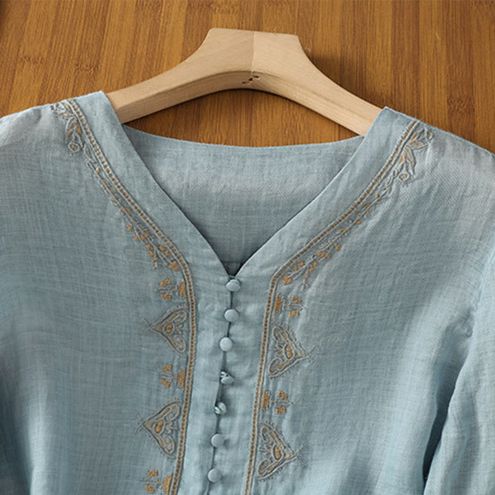 Buddha Stones Casual Embroidery Single Breasted Button Polyester Half Sleeve Women's V-neck Shirt - image 2