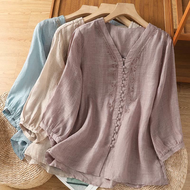Buddha Stones Casual Embroidery Single Breasted Button Polyester Half Sleeve Women's V-neck Shirt - image 28