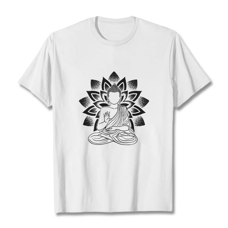 Buddha Stones Seated Buddha Lotus Flower Pattern Tee T-shirt - White - 2XL - image 7