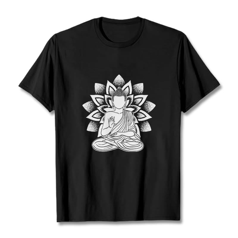 Buddha Stones Seated Buddha Lotus Flower Pattern Tee T-shirt - Black - 2XL - image 3