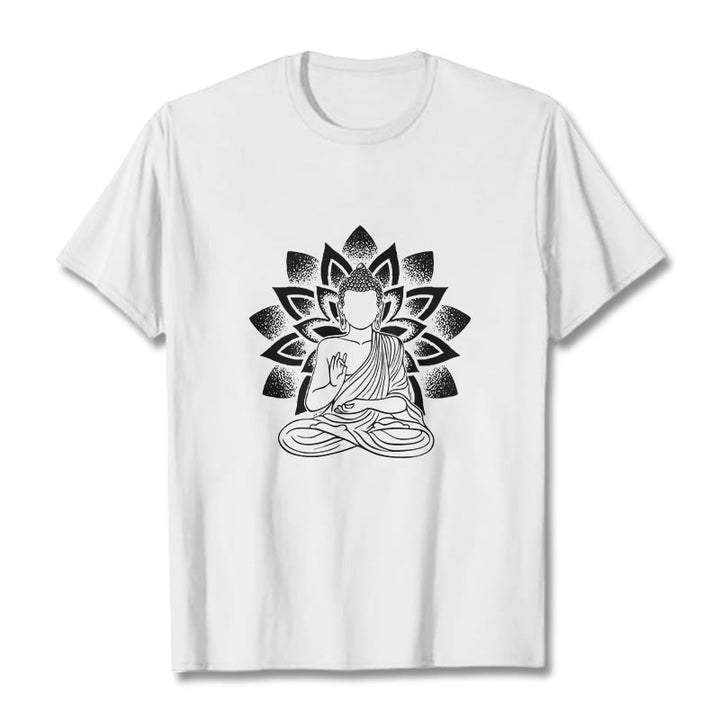 Buddha Stones Seated Buddha Lotus Flower Pattern Tee T-shirt - White - 2XL - image 7
