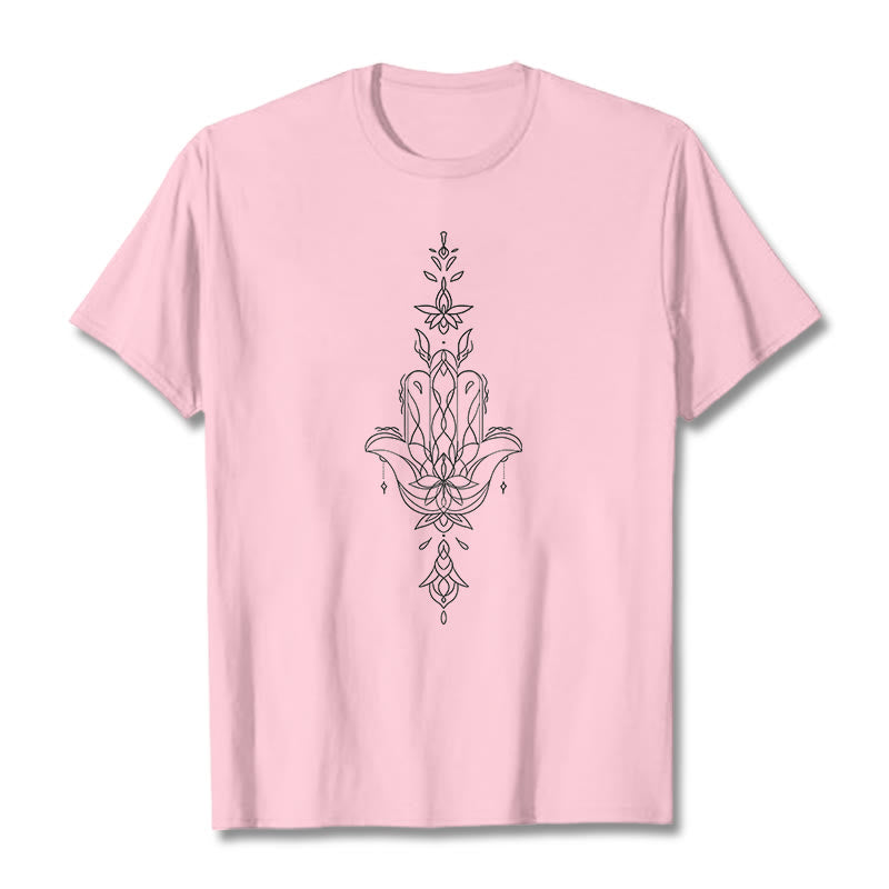 Buddha Stones Hamsa Hand Lotus Flower Pattern Tee T-shirt - LightPink - 2XL - image 13