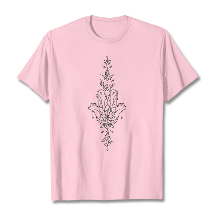 Buddha Stones Hamsa Hand Lotus Flower Pattern Tee T-shirt - LightPink - 2XL - image 13