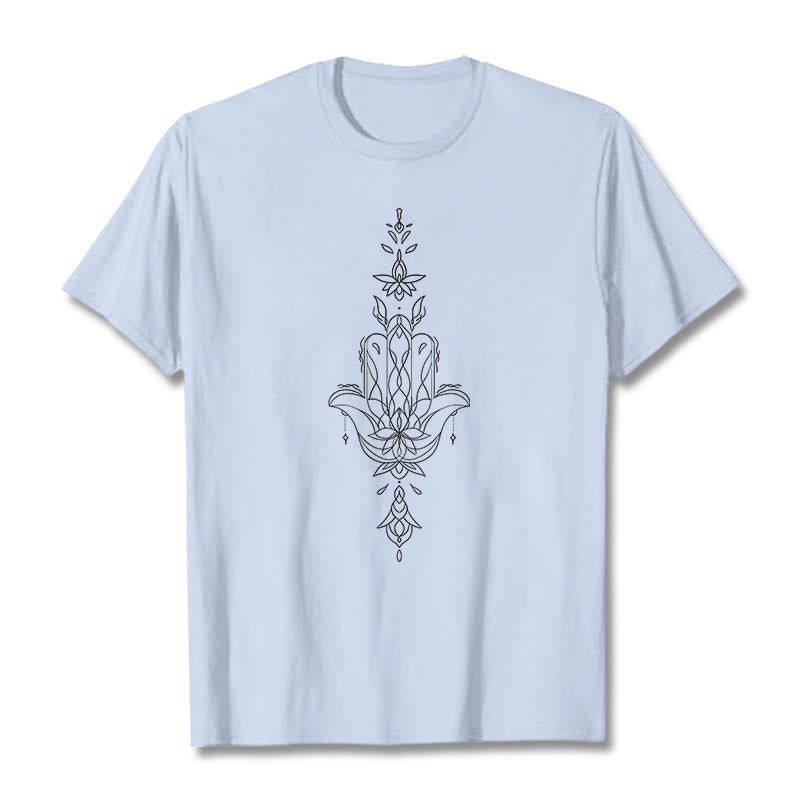 Buddha Stones Hamsa Hand Lotus Flower Pattern Tee T-shirt - LightCyan - 2XL - image 0