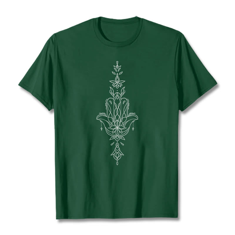 Buddha Stones Hamsa Hand Lotus Flower Pattern Tee T-shirt - ForestGreen - 2XL - image 11