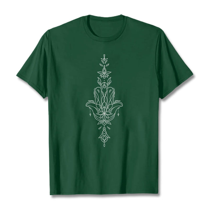 Buddha Stones Hamsa Hand Lotus Flower Pattern Tee T-shirt - ForestGreen - 2XL - image 11