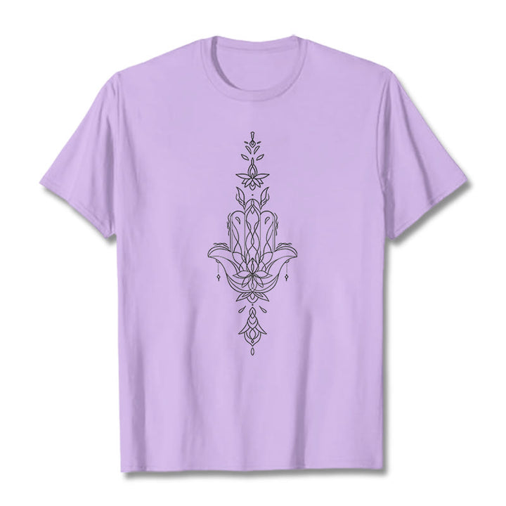 Buddha Stones Hamsa Hand Lotus Flower Pattern Tee T-shirt - Plum - 2XL - image 17