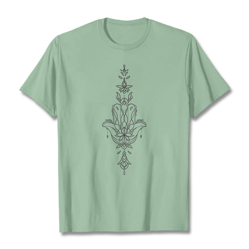 Buddha Stones Hamsa Hand Lotus Flower Pattern Tee T-shirt - PaleGreen - 2XL - image 15