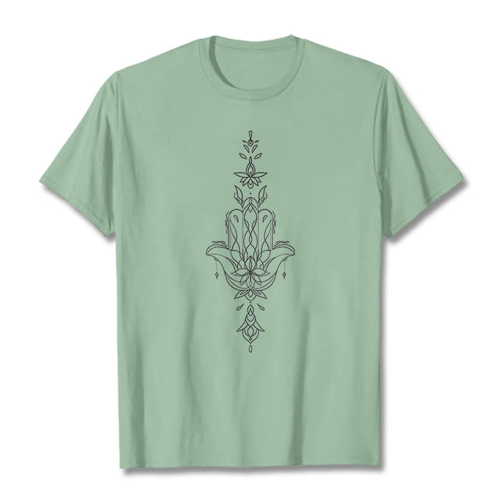 Buddha Stones Hamsa Hand Lotus Flower Pattern Tee T-shirt - PaleGreen - 2XL - image 15