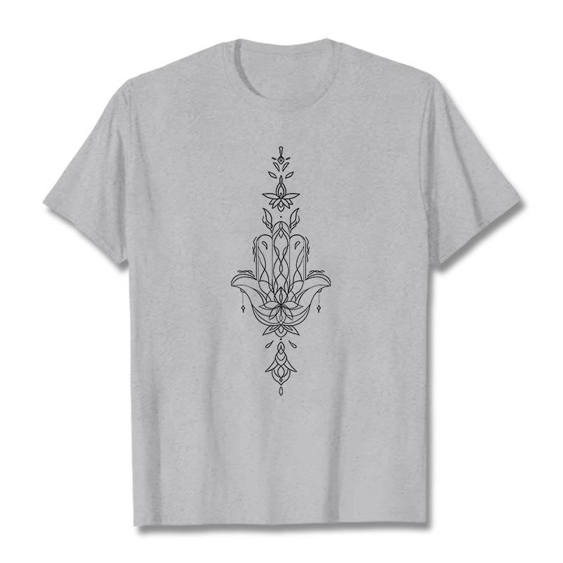Buddha Stones Hamsa Hand Lotus Flower Pattern Tee T-shirt - LightGrey - 2XL - image 19