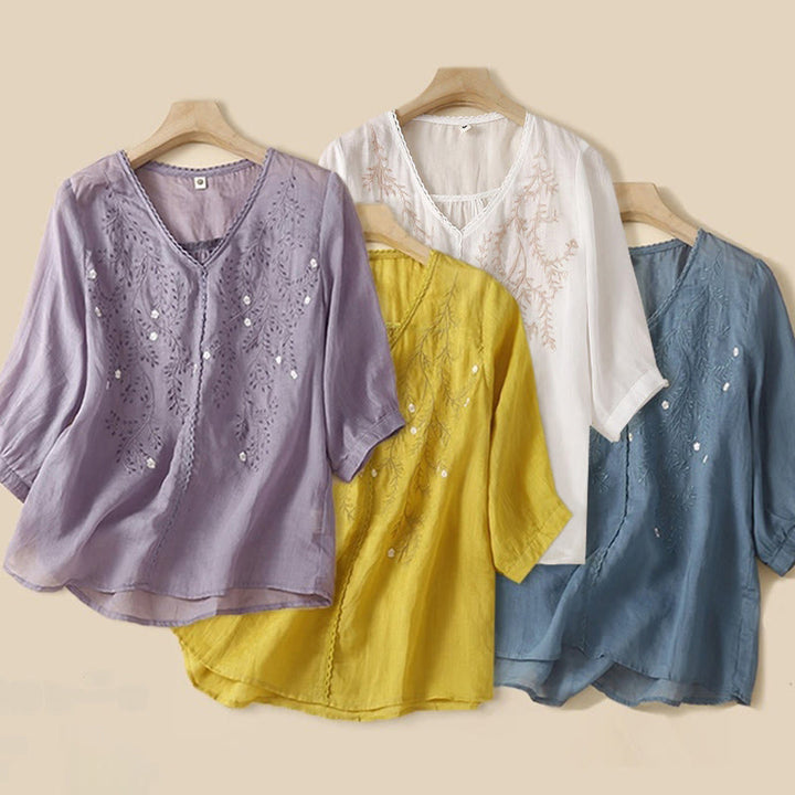 Buddha Stones Summer Casual Flower Branches Embroidered Pattern V-Neck Half Sleeve Cotton Linen Women's T-shirt - image 8