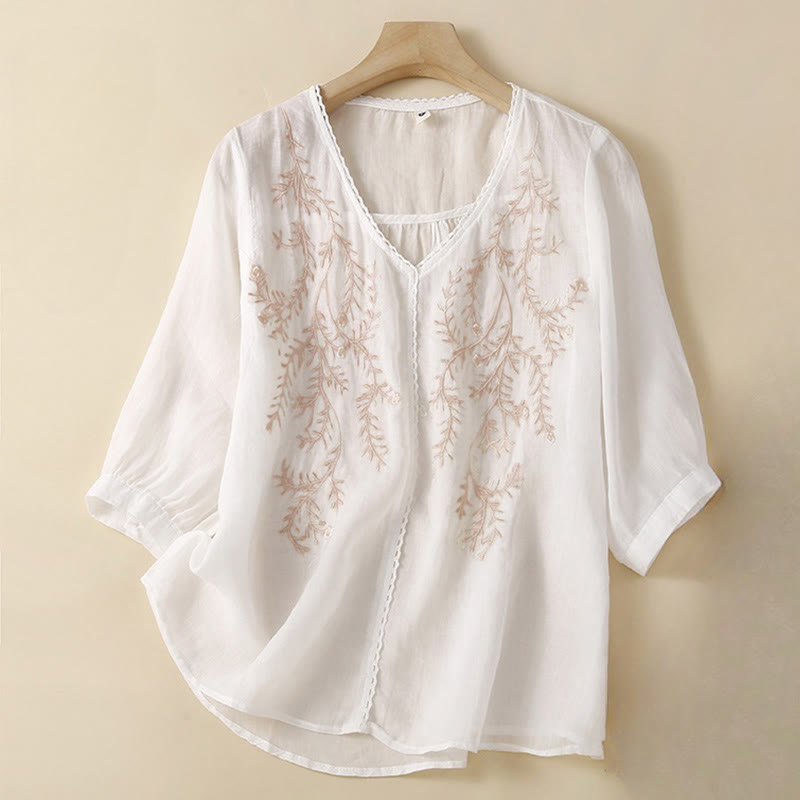 Buddha Stones Summer Casual Flower Branches Embroidered Pattern V-Neck Half Sleeve Women's T-shirt - White - US8-10，UK/AU12-14，EU40-42 (2XL) - image 6
