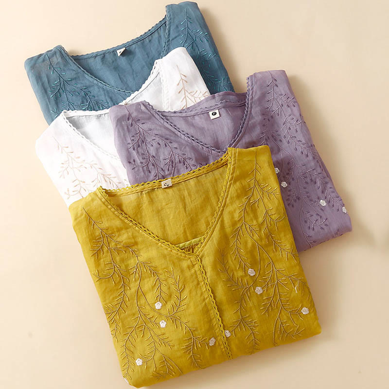Buddha Stones Summer Casual Flower Branches Embroidered Pattern V-Neck Half Sleeve Women's T-shirt - image 9
